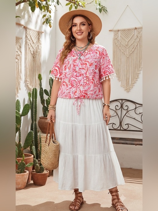 Mark New York Dresses & Skirts - Marc New York Floral Tassel Hem Blouse Pink White Boho Top XL NWT